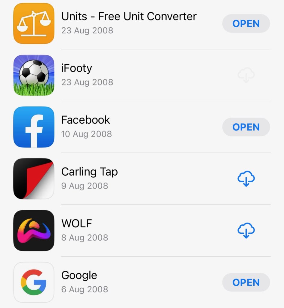 A screenshot from the Apple App Store of my first App downloads: Units, iFooty, Facebook, Carling Tap, Wolf, Google