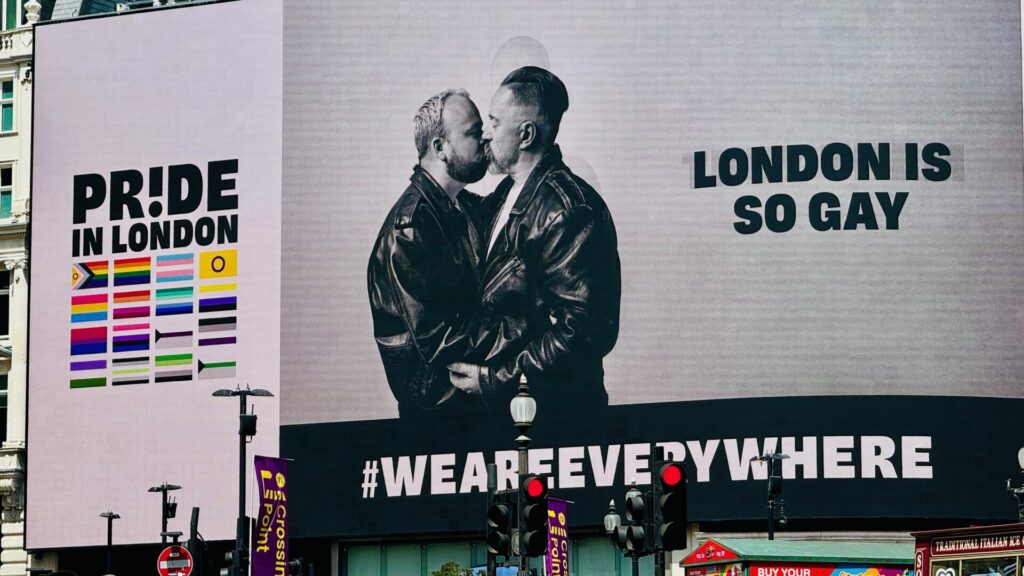 A London Pride poster on the big advertising board at Piccadilly Circus