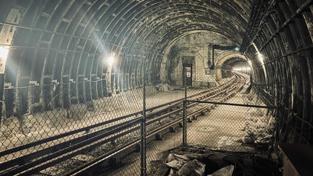 Looking down the illuminated tunnel to Aldwych