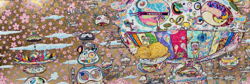 Takashi Murakami's contemporary work has been described as playful and profound as he brings together elements of Japanese manga, anime, and Western pop culture in a movement and style known as "Superflat".