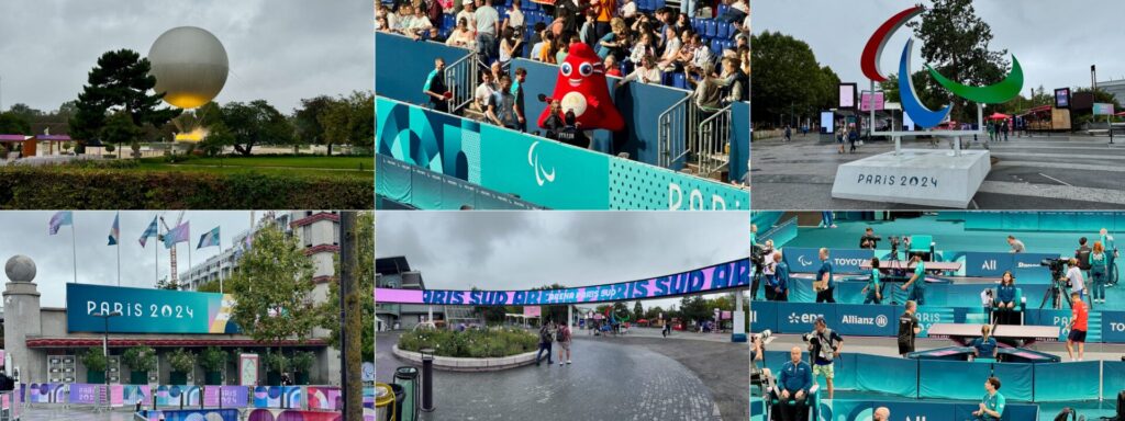 Paralympics Paris 2024 collage with images of Paris South Arena and Para Table Tennis