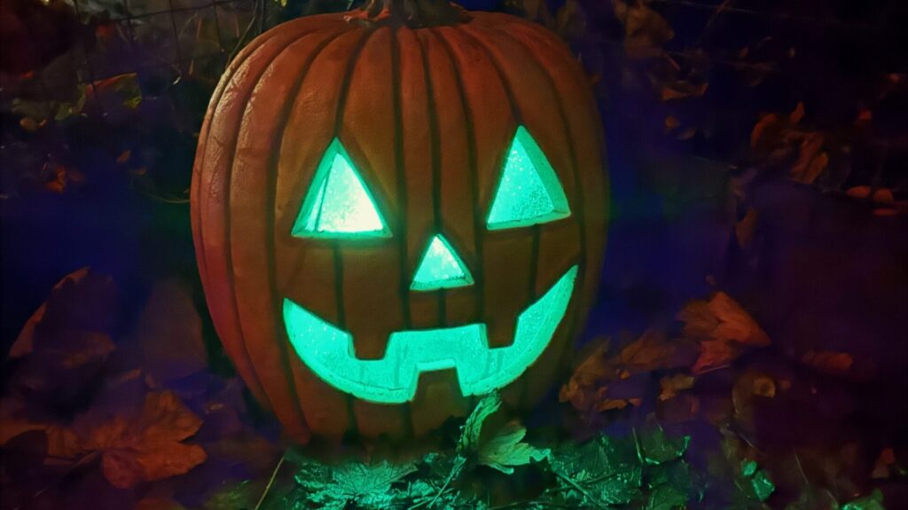 A pumpkin face lights up to scare visitors to Shanklin Chine Spooktacular