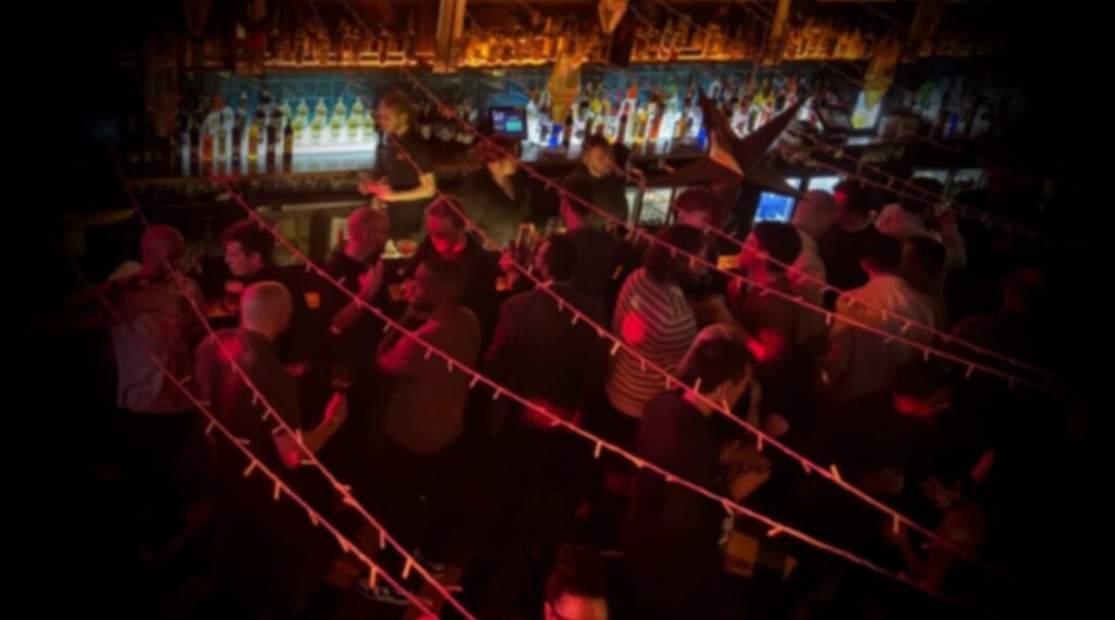 People at a bar enjoying a Christmas party.