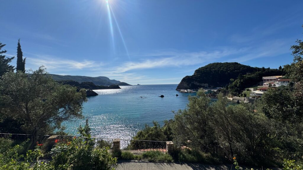 This is a scenic Mediterranean coastal view from Corfu, showing a sheltered bay with turquoise waters surrounded by green hills and cliffs. There are a few houses visible on the hillside, typical Mediterranean architecture with white walls. The foreground features olive trees and flowering plants, with a low stone wall or barrier. The bright sunlight creates sparkles on the water's surface, and the sky is a clear blue with wispy clouds.