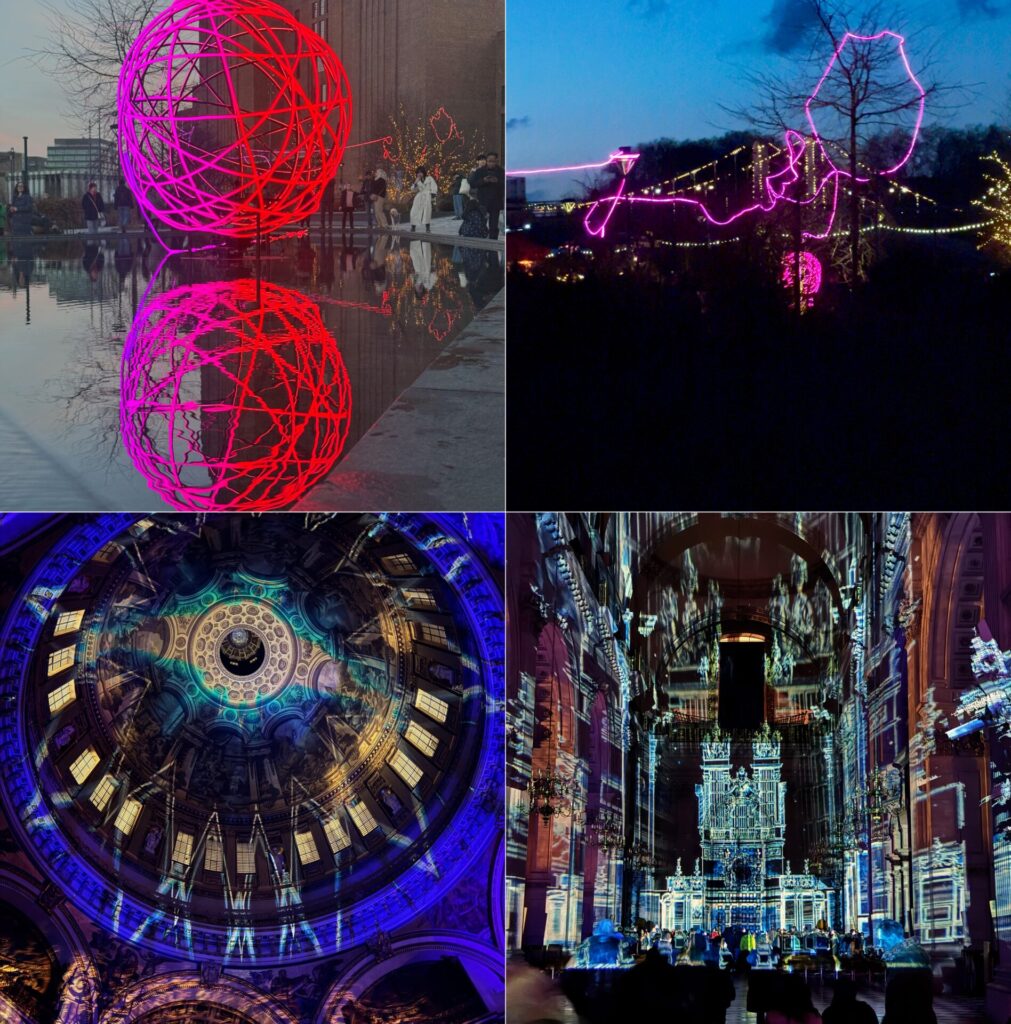 Illuminated experiences at Battersea Power Station and St Paul's Cathedral.